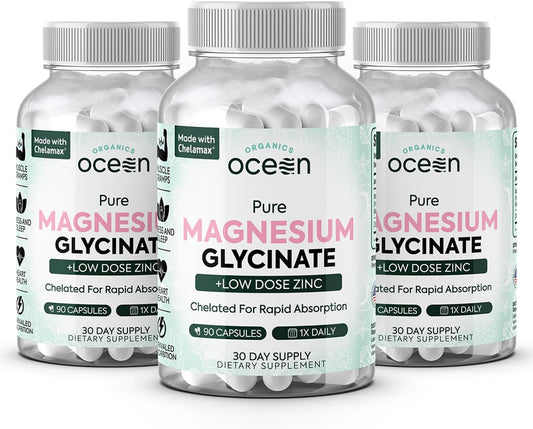 Organics Ocean Pure Magnesium Glycinate with Zinc - Maximum Strength Chelated Supplement for Muscle Cramps and Sleep Support - 3 Bottles for Women and Men