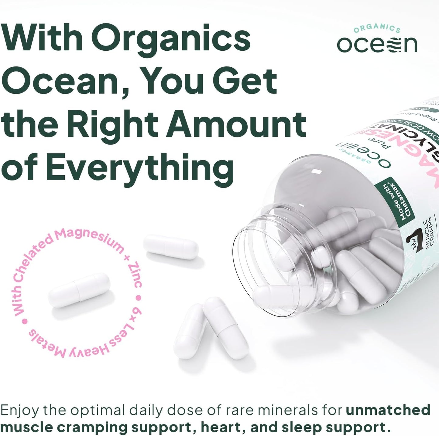 Organics Ocean Pure Magnesium Glycinate with Zinc - Maximum Strength Chelated Supplement for Muscle Cramps and Sleep Support - 3 Bottles for Women and Men