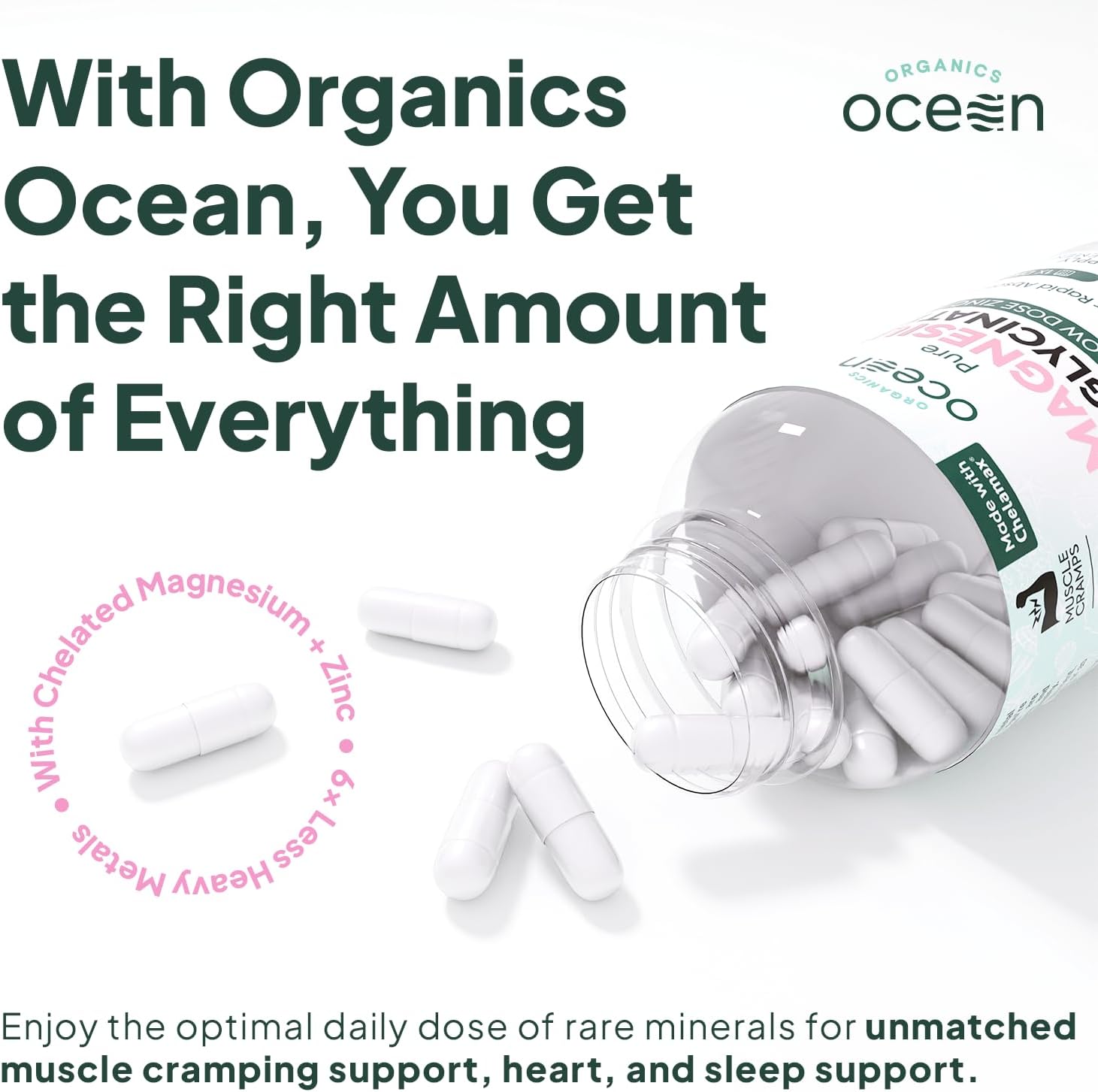 Organics Ocean Pure Magnesium Glycinate with Zinc - Maximum Strength Chelated Supplement for Muscle Cramps and Sleep Support - 3 Bottles for Women and Men