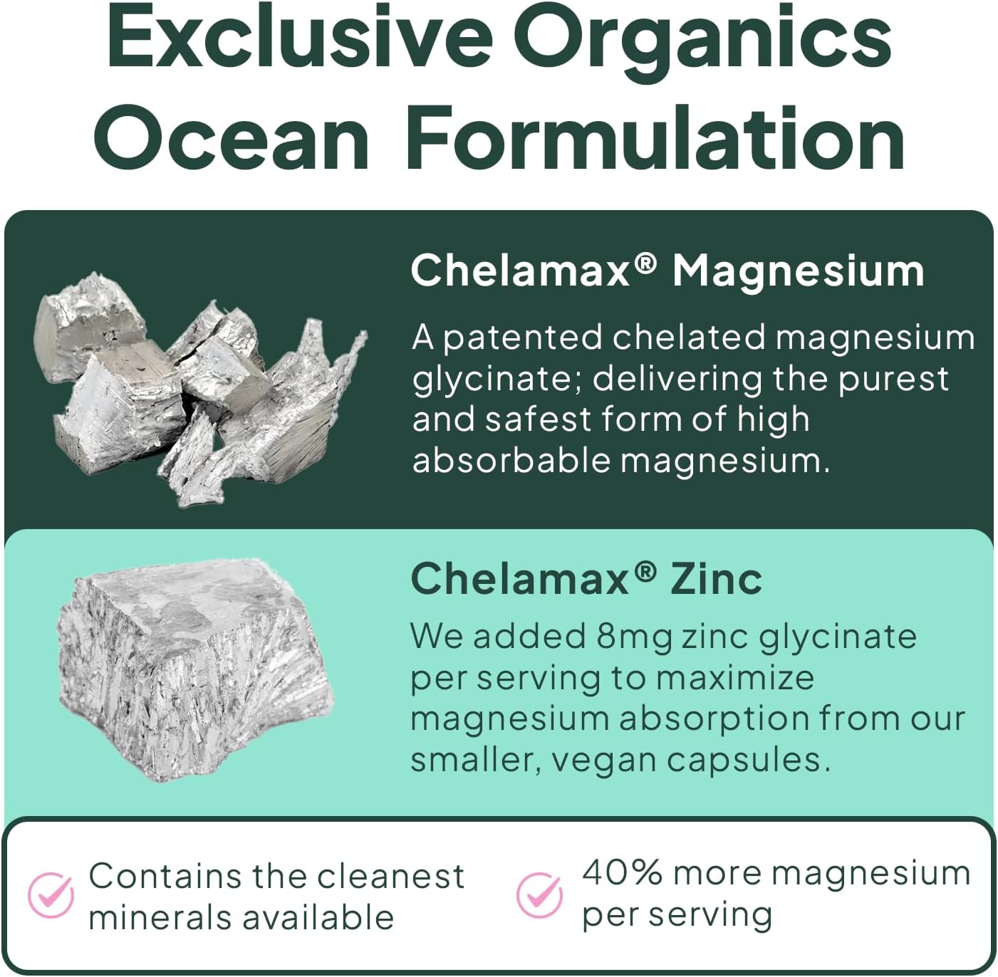 Organics Ocean Pure Magnesium Glycinate with Zinc - Maximum Strength Chelated Supplement for Muscle Cramps and Sleep Support - 3 Bottles for Women and Men