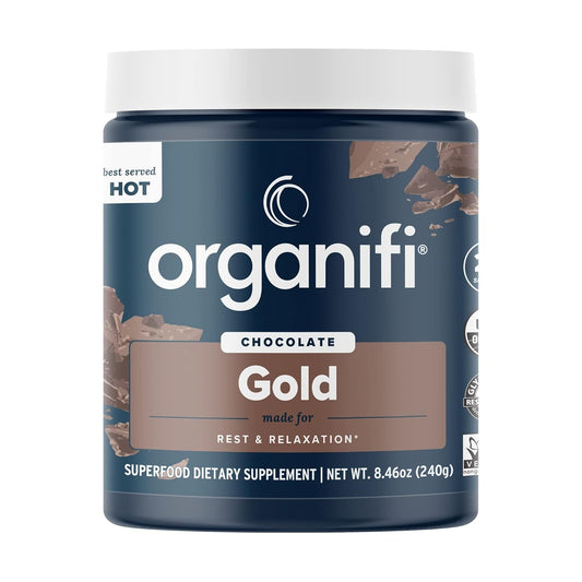 Organifi Gold Chocolate Superfood Powder for Sleep, Immune Health, and Recovery - 20 Day Supply with Cocoa, Turmeric, and Reishi Mushroom - Golden Milk Drink Mix