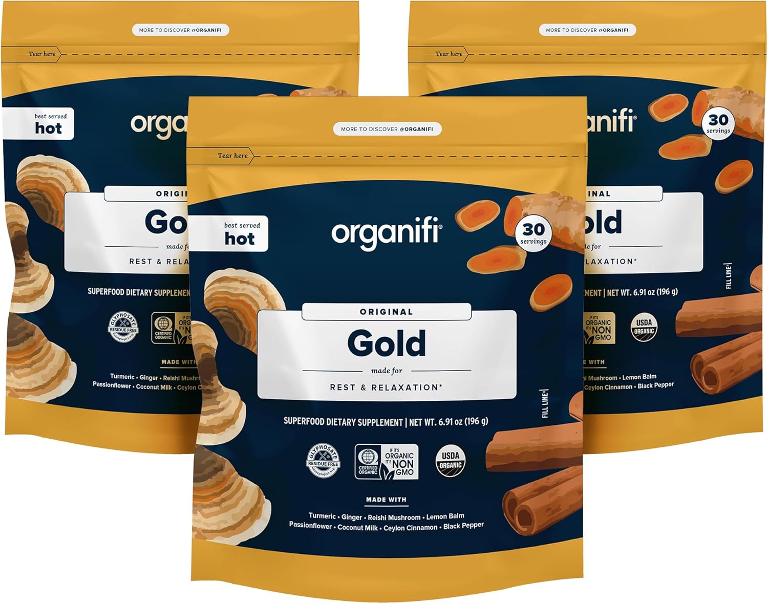 Organifi Gold Superfood Supplement Powder - 3 Pack, 90 Servings - Stress Support, Improved Sleep, Relaxation - Turmeric & Reishi
