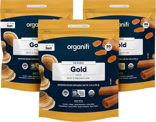Organifi Gold Superfood Supplement Powder - 3 Pack, 90 Servings - Stress Support, Improved Sleep, Relaxation - Turmeric & Reishi