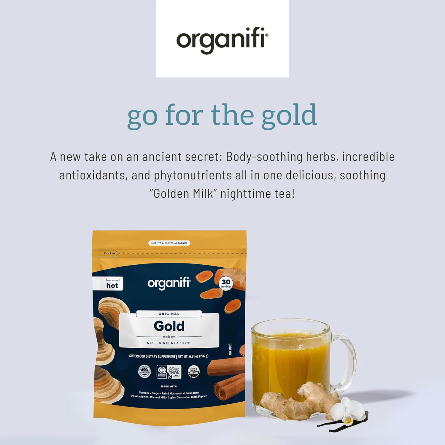 Organifi Gold Superfood Supplement Powder - 3 Pack, 90 Servings - Stress Support, Improved Sleep, Relaxation - Turmeric & Reishi