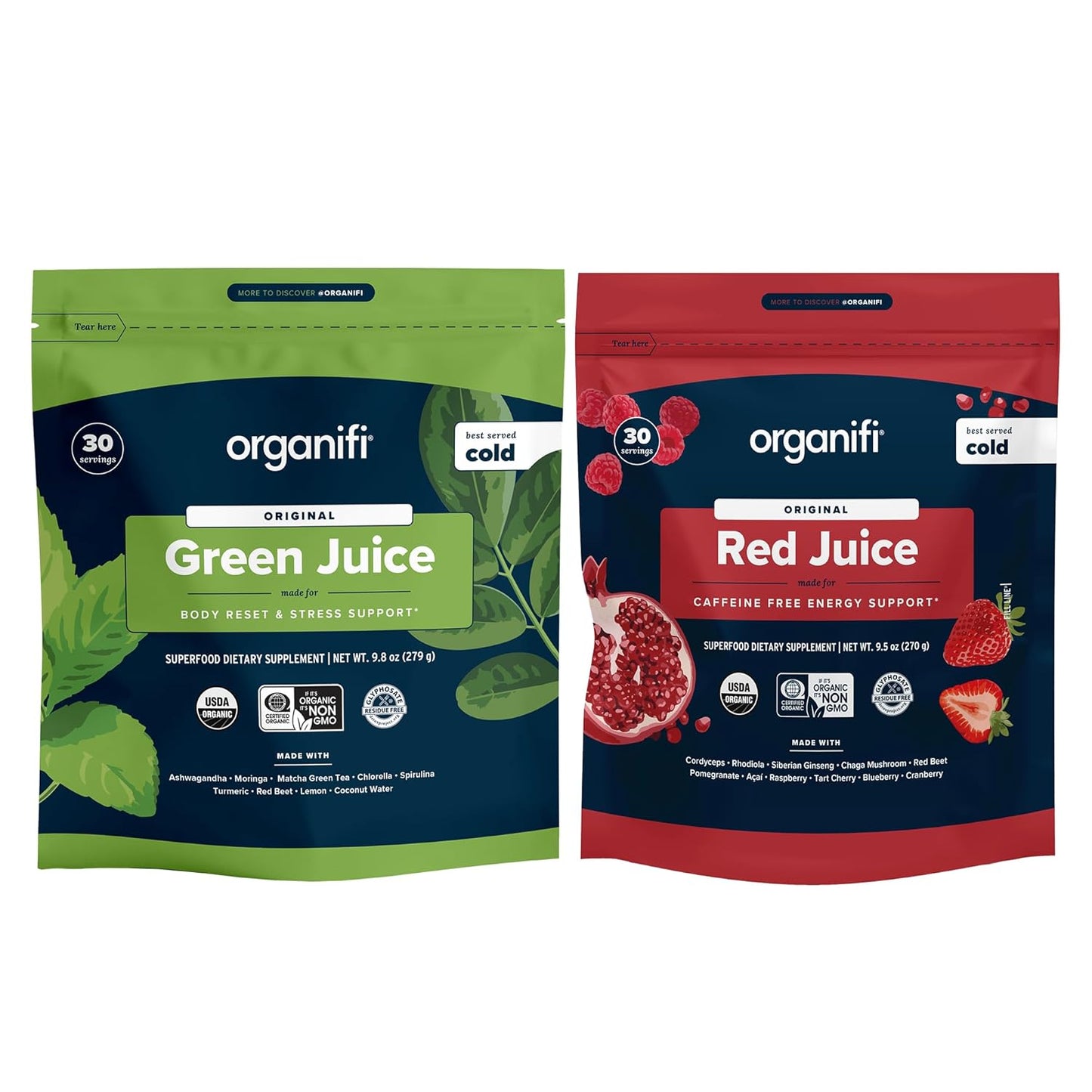 Organifi Green and Red Juice Bundle - 30 Day Supply of Organic Superfood Powder for Energy and Stress Relief - Antioxidant-Rich Formula, Non-GMO, Gluten-Free, Soy-Free