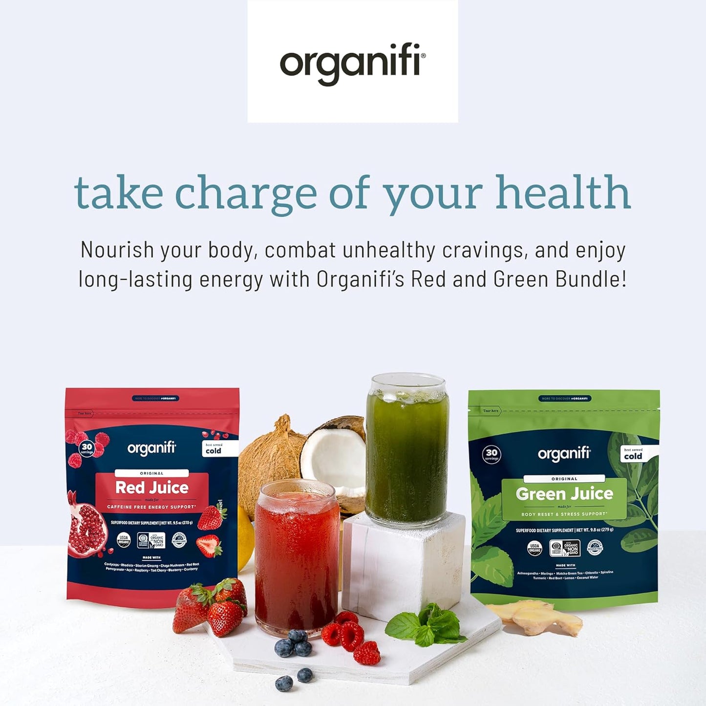 Organifi Green and Red Juice Bundle - 30 Day Supply of Organic Superfood Powder for Energy and Stress Relief - Antioxidant-Rich Formula, Non-GMO, Gluten-Free, Soy-Free