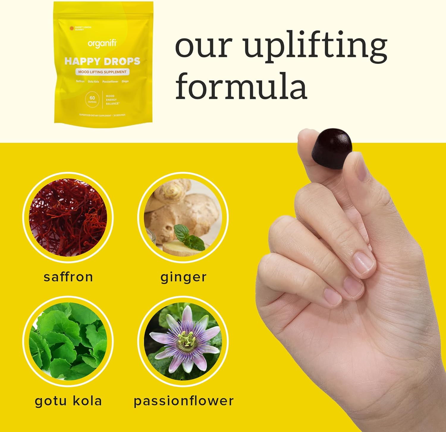 Organifi Happy Drops: Daily Mood Support Gummies for Adults - Superfood Supplement for Balance, Energy, and Bliss - Sweet Lemon Flavor - 60 Gummies