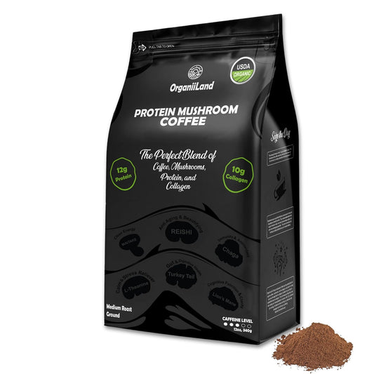 OrganiiLand Protein Mushroom Coffee: Ground Blend with Collagen, Lion's Mane, Chaga, Turkey Tail, Reishi, Maitake, L-Theanine for Focus, Energy, Immunity, and Digestion
