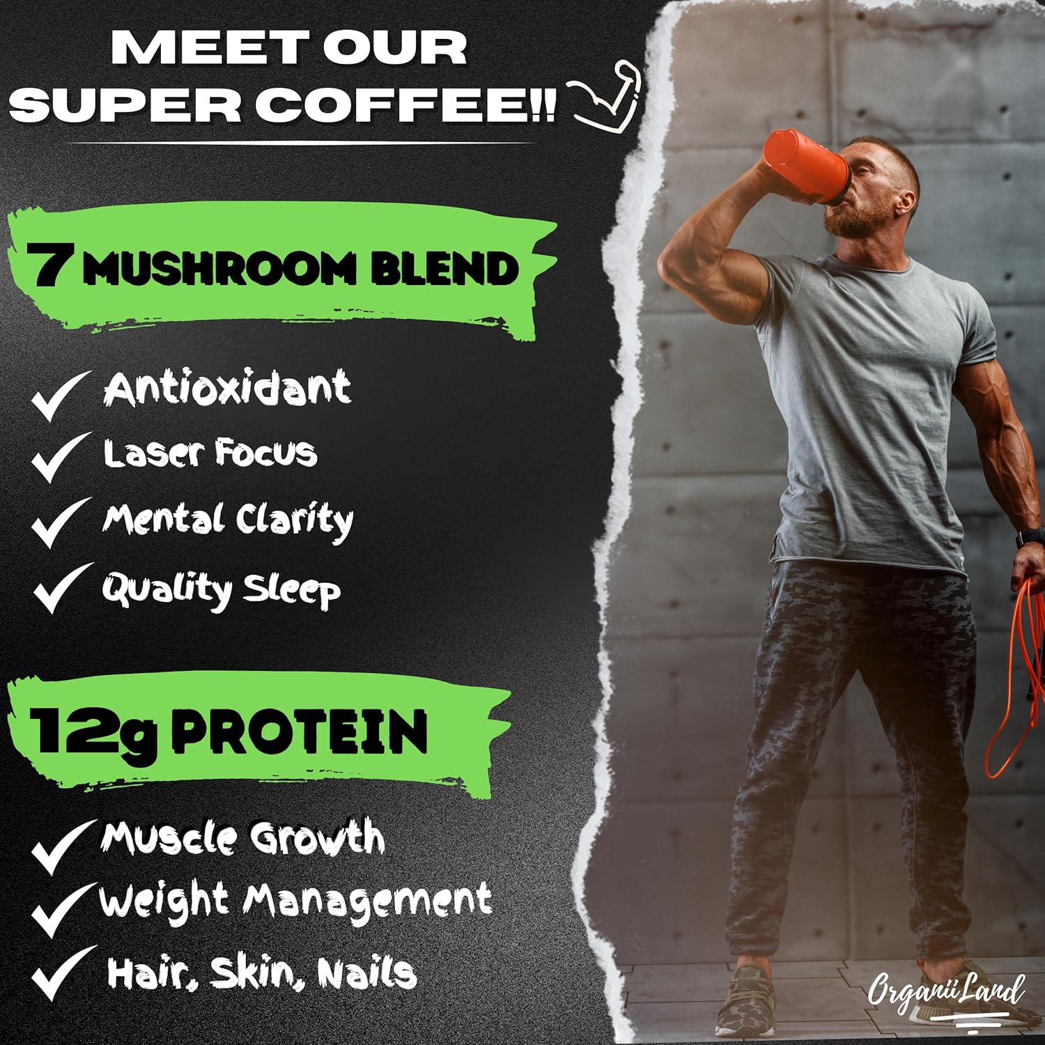 OrganiiLand Protein Mushroom Coffee: Ground Blend with Collagen, Lion's Mane, Chaga, Turkey Tail, Reishi, Maitake, L-Theanine for Focus, Energy, Immunity, and Digestion
