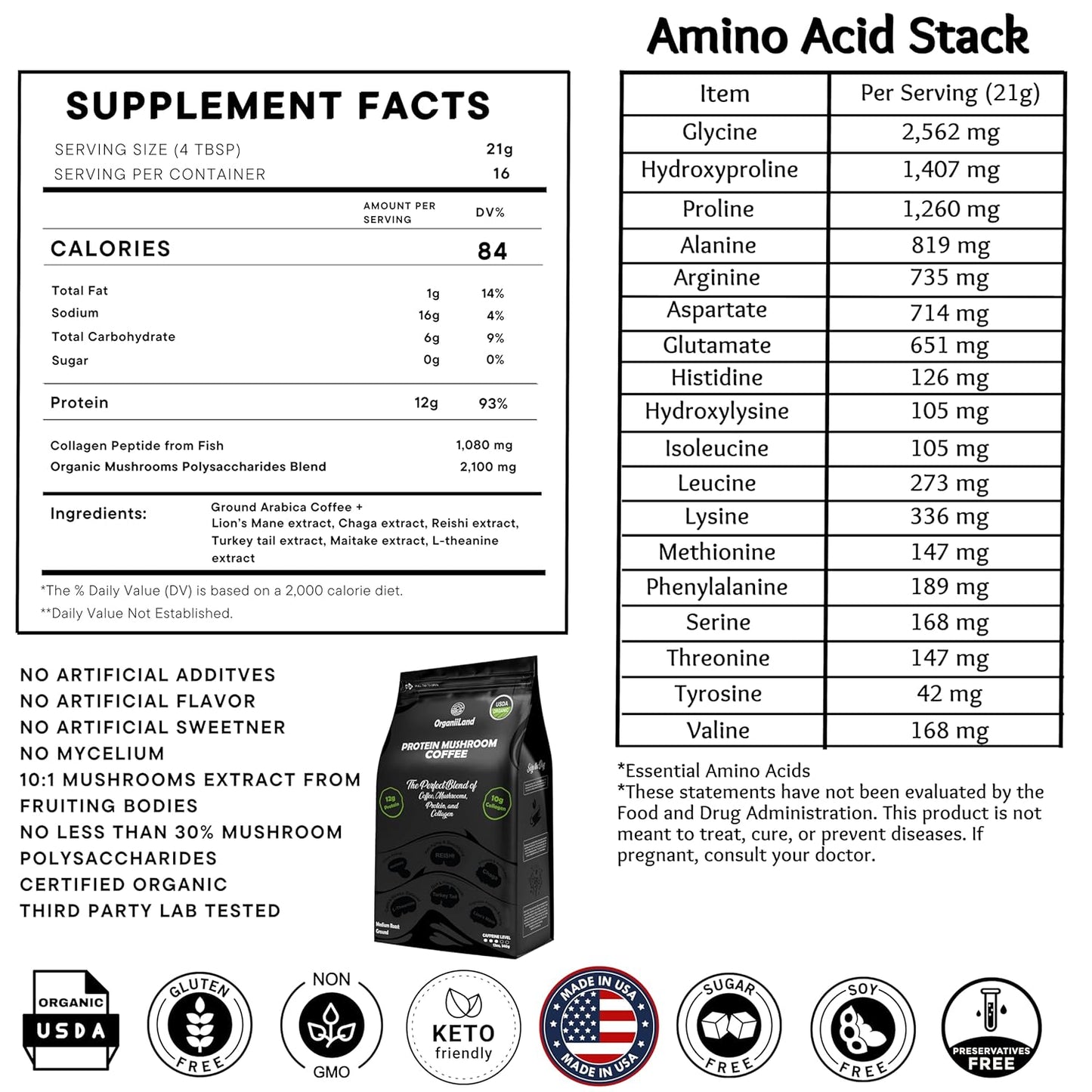 OrganiiLand Protein Mushroom Coffee: Ground Blend with Collagen, Lion's Mane, Chaga, Turkey Tail, Reishi, Maitake, L-Theanine for Focus, Energy, Immunity, and Digestion