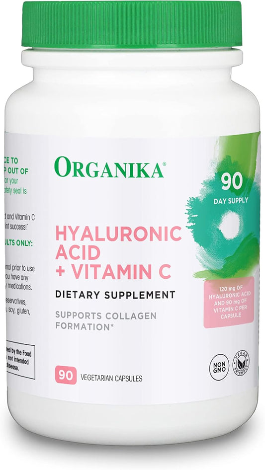 Organika Hyaluronic Acid and Vitamin C Capsules - Supports Collagen Formation, Joint Health, and Skin Hydration - 90 Capsules