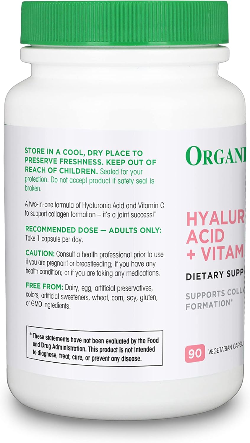 Organika Hyaluronic Acid and Vitamin C Capsules - Supports Collagen Formation, Joint Health, and Skin Hydration - 90 Capsules