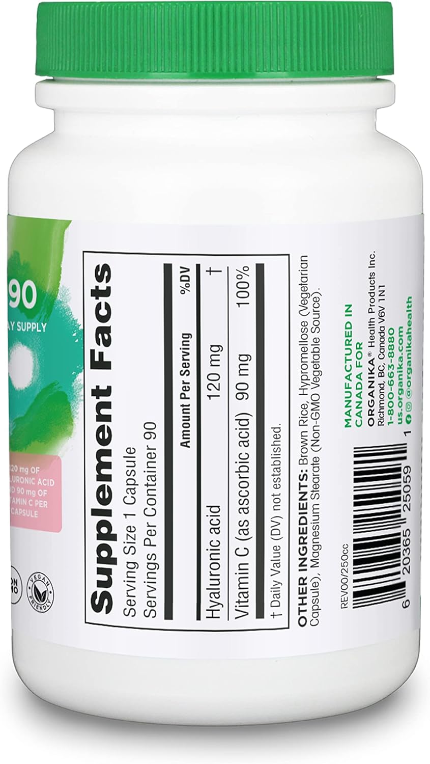 Organika Hyaluronic Acid and Vitamin C Capsules - Supports Collagen Formation, Joint Health, and Skin Hydration - 90 Capsules