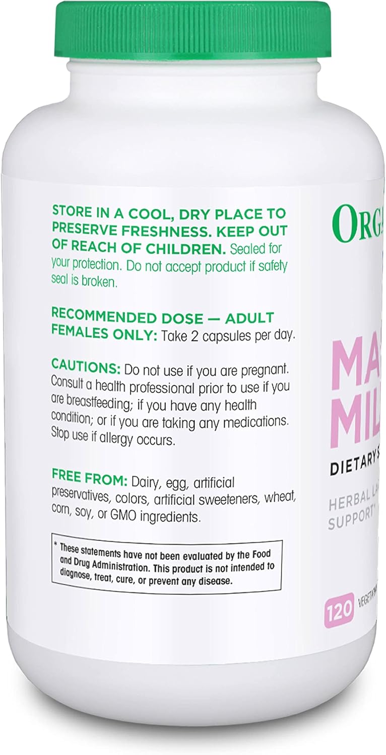 Organika Ma's Milk Lactation Supplement - Supports Breast Milk Production with Blessed Thistle, Fenugreek, and Moringa - 120 Vegetarian Capsules