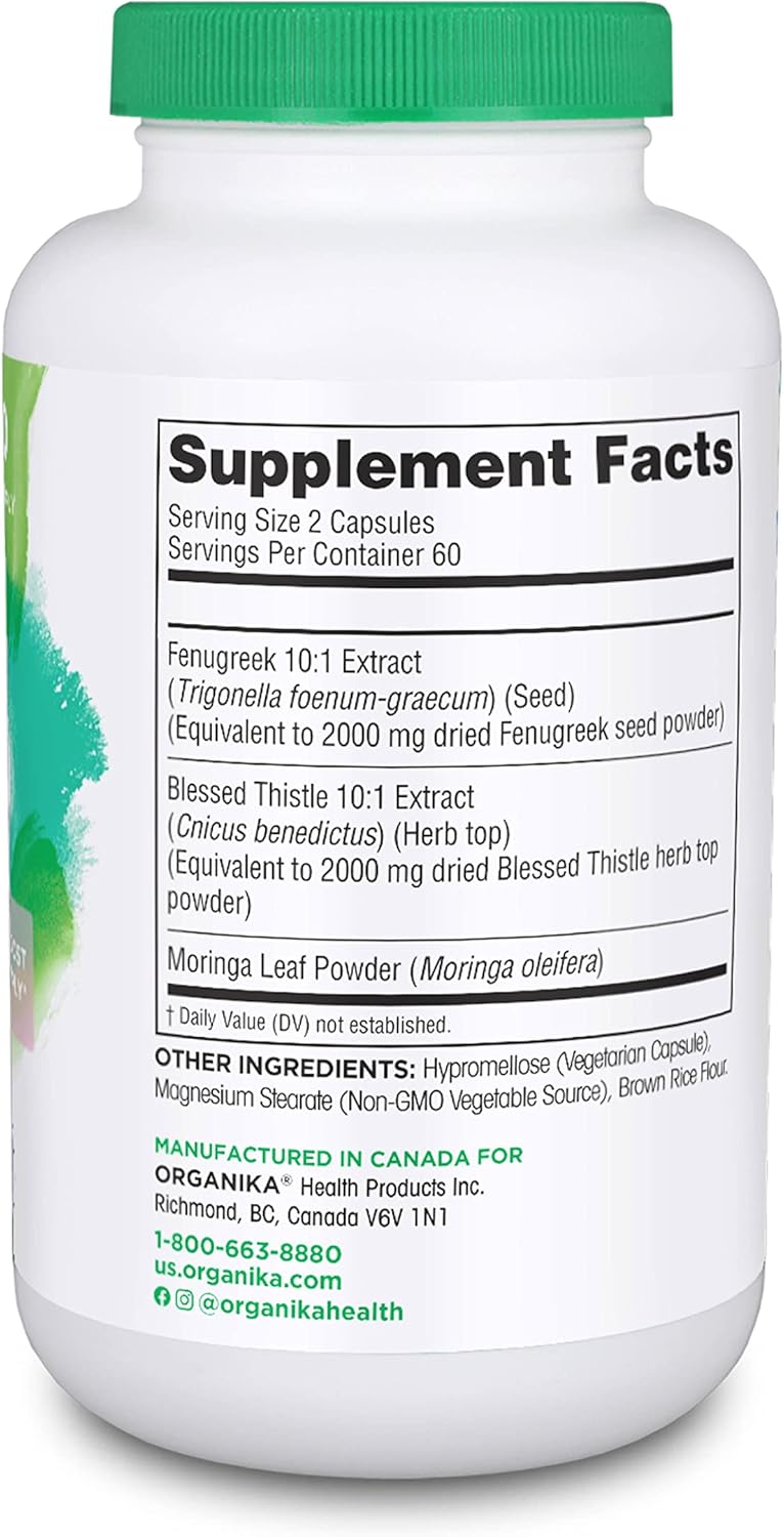 Organika Ma's Milk Lactation Supplement - Supports Breast Milk Production with Blessed Thistle, Fenugreek, and Moringa - 120 Vegetarian Capsules