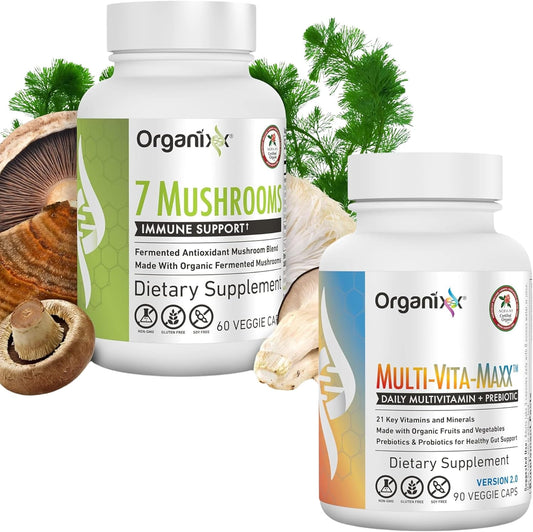 Organixx 7 Mushroom Supplement & Multi-Vita-Maxx Whole Food Multivitamin Bundle - 60 Vegetarian Capsules + 90 Gel Capsules