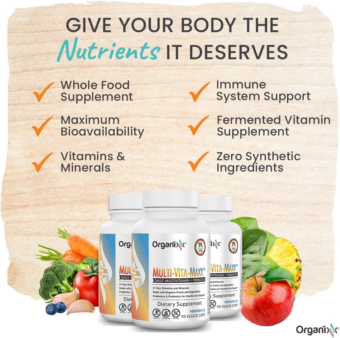 Organixx 7 Mushroom Supplement & Multi-Vita-Maxx Whole Food Multivitamin Bundle - 60 Vegetarian Capsules + 90 Gel Capsules