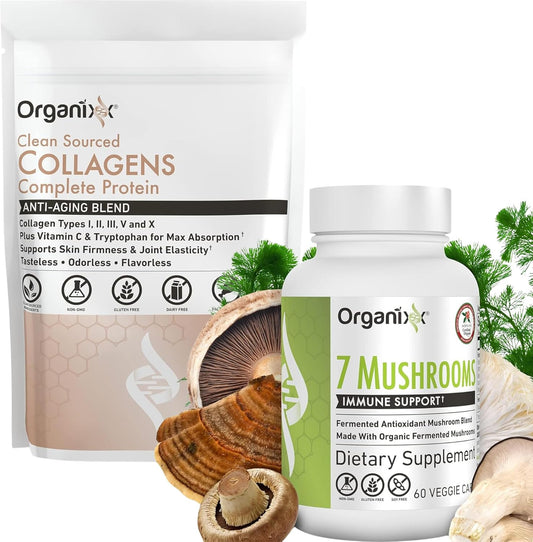 Organixx Clean Sourced Collagen Powder & Mushroom Supplement Bundle - 20 Servings, Unflavored, Organic (60 Capsules)