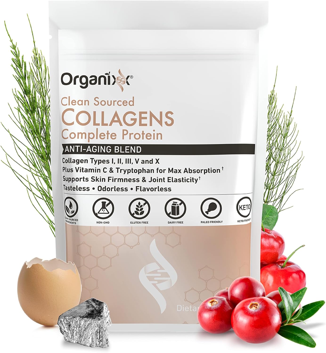 Organixx Clean Sourced Collagen Powder & Mushroom Supplement Bundle - 20 Servings, Unflavored, Organic (60 Capsules)