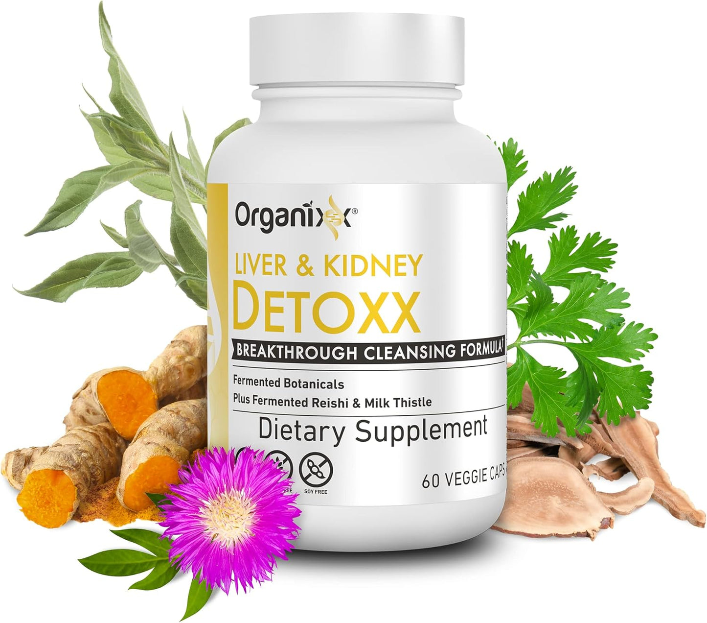 Organixx Kidney and Liver Cleanse Supplement with Milk Thistle and Reishi - Supports Digestive Health, Sleep, Energy - Non GMO - 60 Capsules