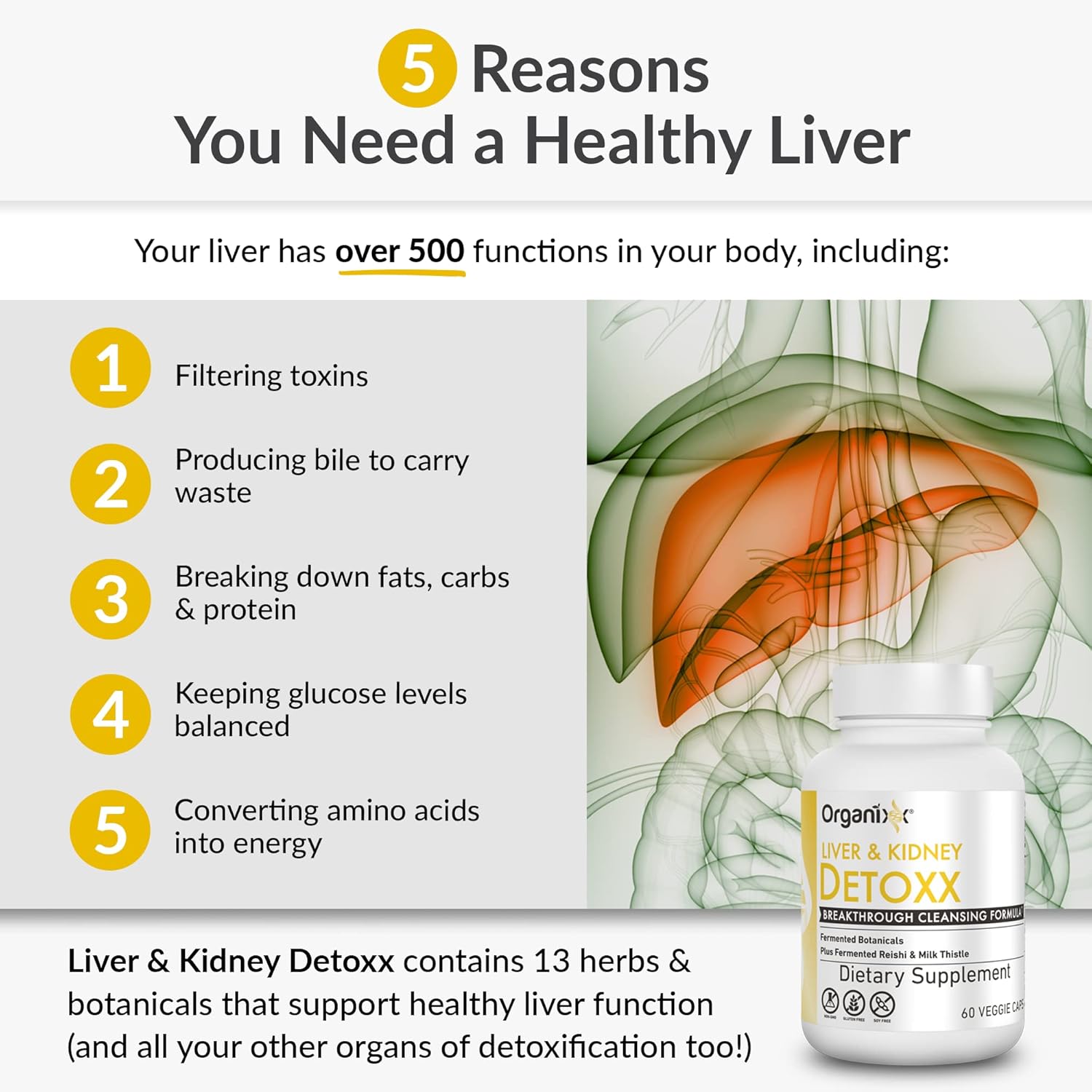 Organixx Kidney and Liver Cleanse Supplement with Milk Thistle and Reishi - Supports Digestive Health, Sleep, Energy - Non GMO - 60 Capsules