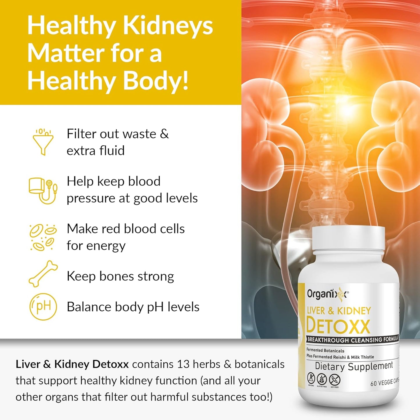 Organixx Kidney and Liver Cleanse Supplement with Milk Thistle and Reishi - Supports Digestive Health, Sleep, Energy - Non GMO - 60 Capsules