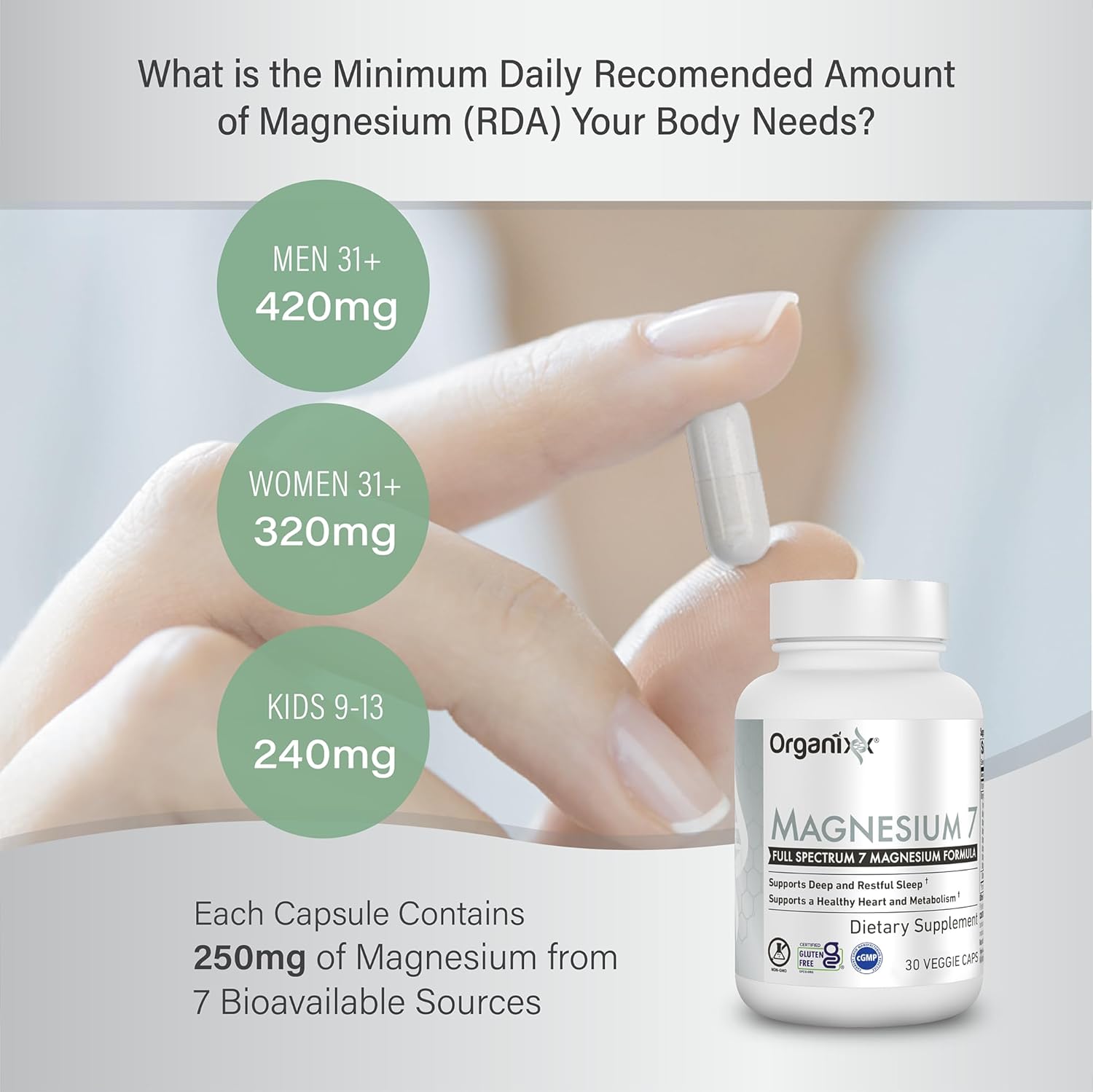 Organixx Magnesium Glycinate Supplement with 7 Type Magnesium Complex - Sleep, Muscle & Heart Health Support - Vegan & Non GMO - 90 Capsules