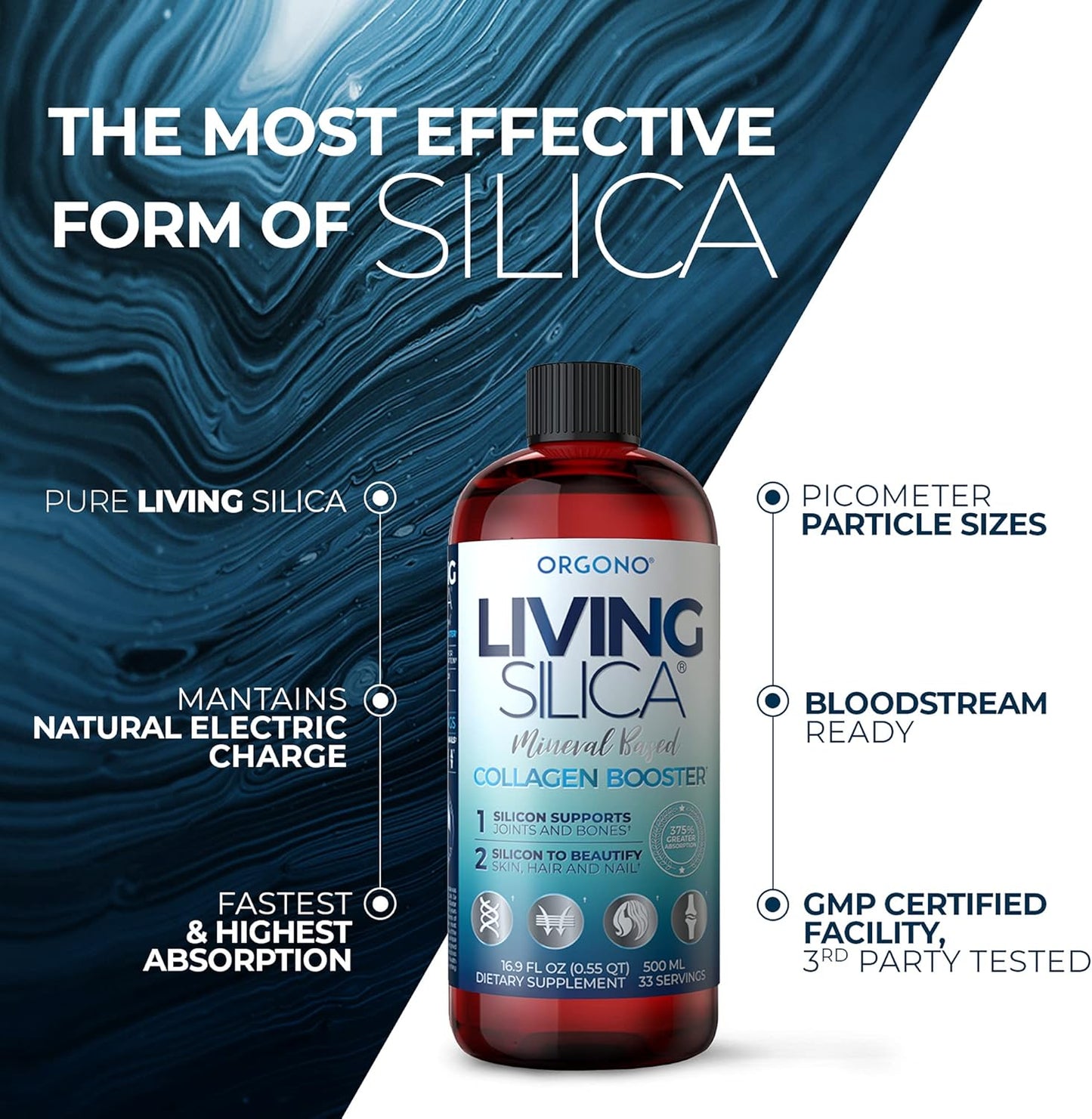 Orgono Living Silica Collagen Booster Liquid - Vegan Drink for Healthy Collagen & Elastin Production - Joint, Bone, Skin, Hair & Nail Support - 16.9 oz