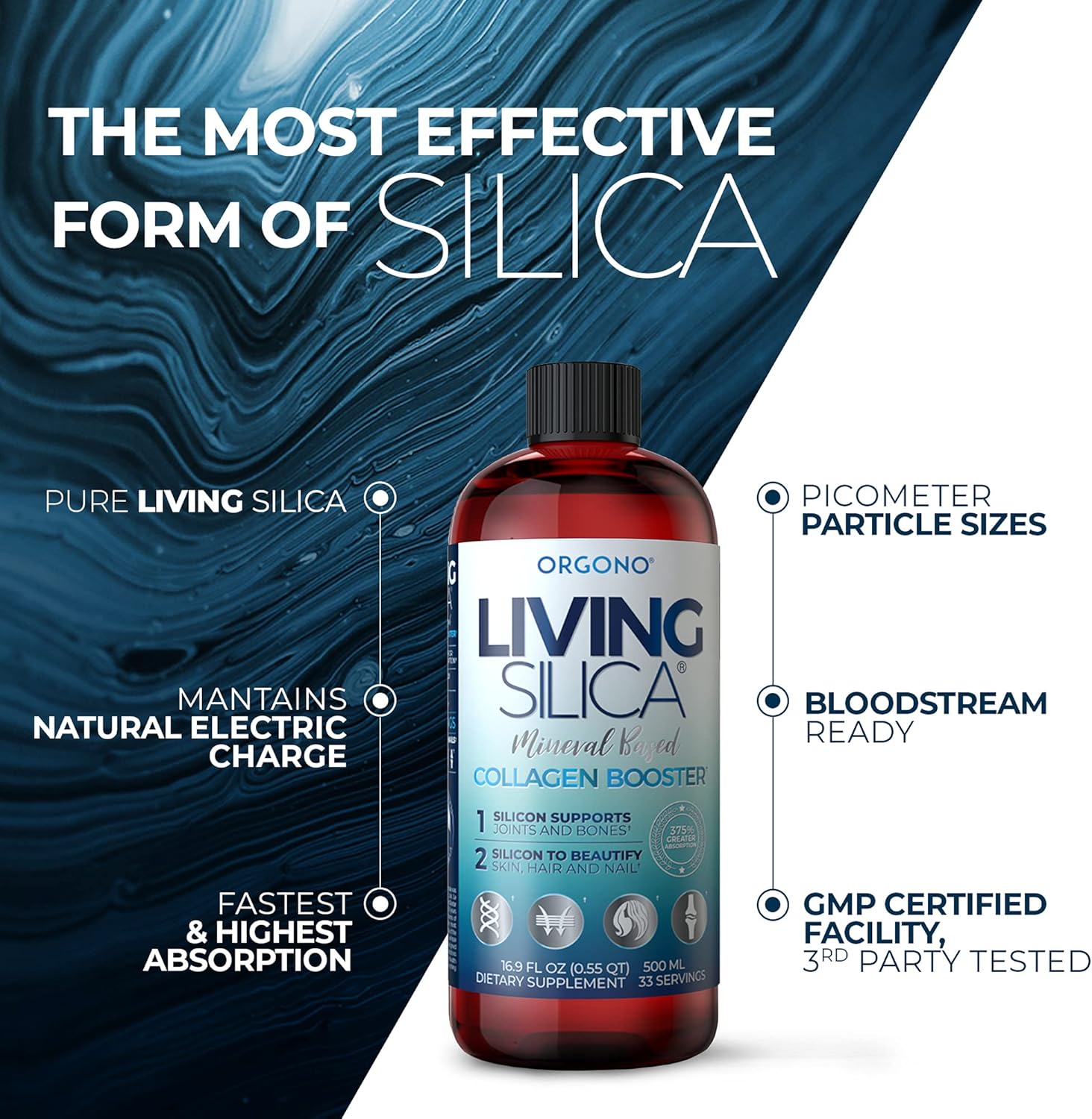 Orgono Living Silica Collagen Booster Liquid - Vegan Drink for Healthy Collagen & Elastin Production - Joint, Bone, Skin, Hair & Nail Support - 16.9 oz