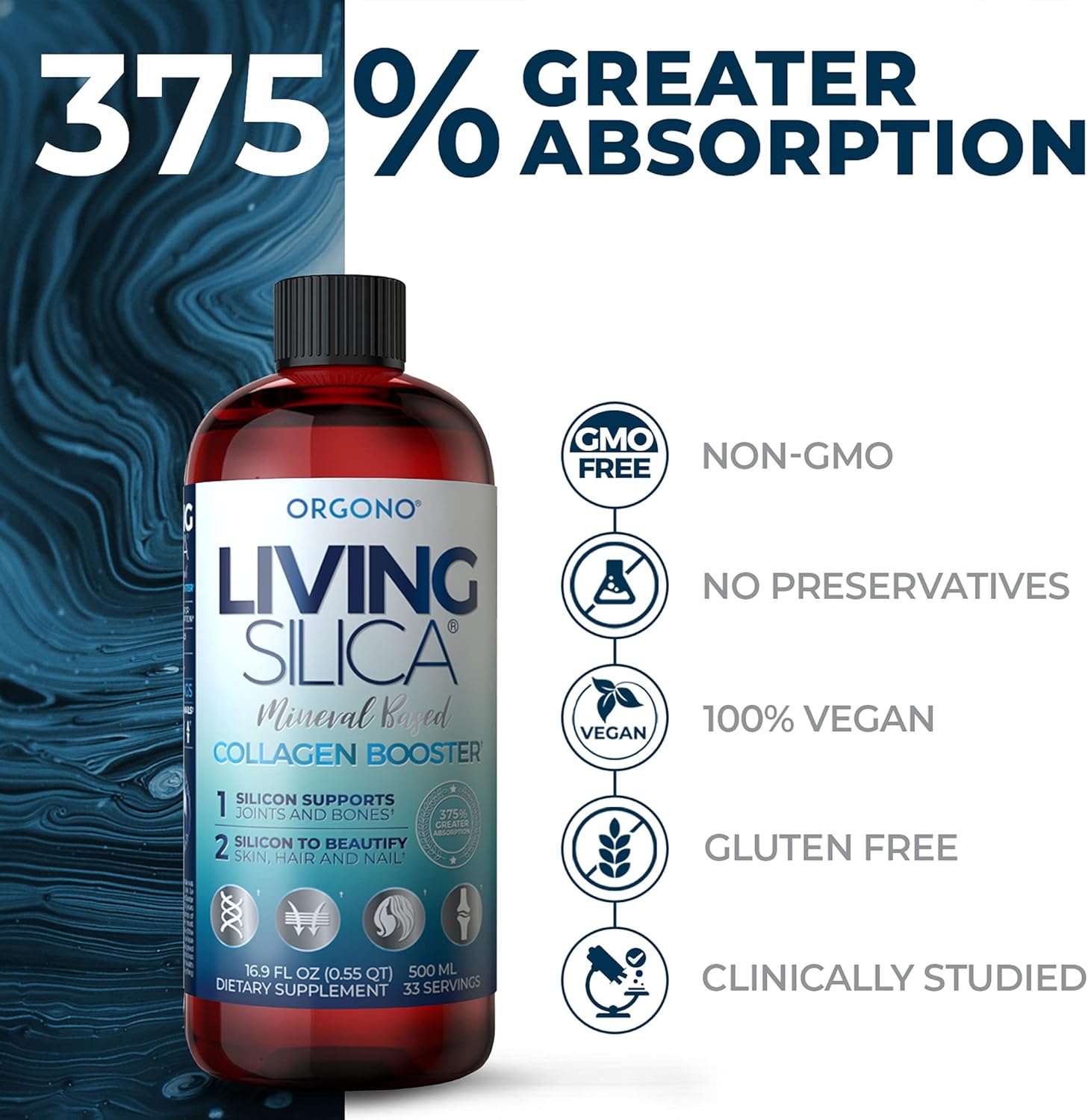 Orgono Living Silica Collagen Booster Liquid - Vegan Drink for Healthy Collagen & Elastin Production - Joint, Bone, Skin, Hair & Nail Support - 16.9 oz