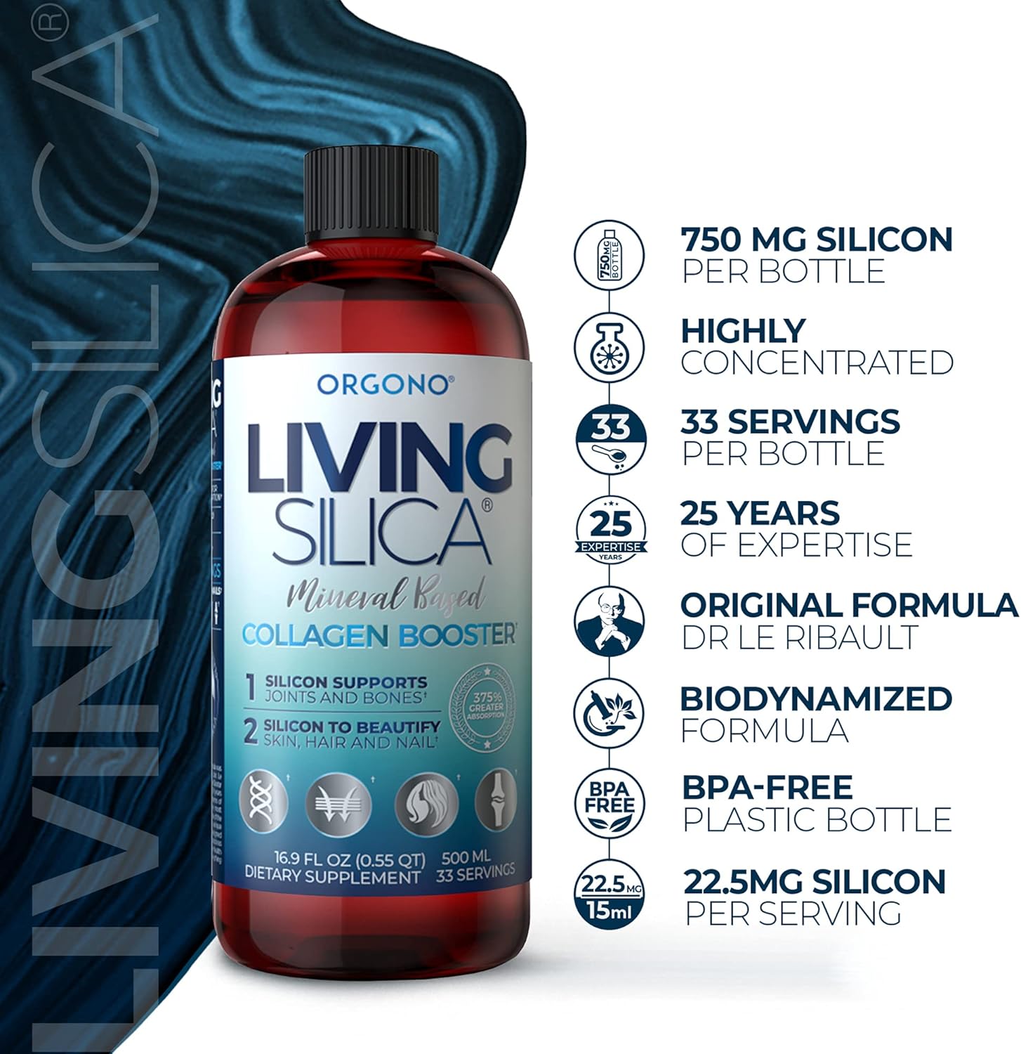 Orgono Living Silica Collagen Booster Liquid - Vegan Drink for Healthy Collagen & Elastin Production - Joint, Bone, Skin, Hair & Nail Support - 16.9 oz