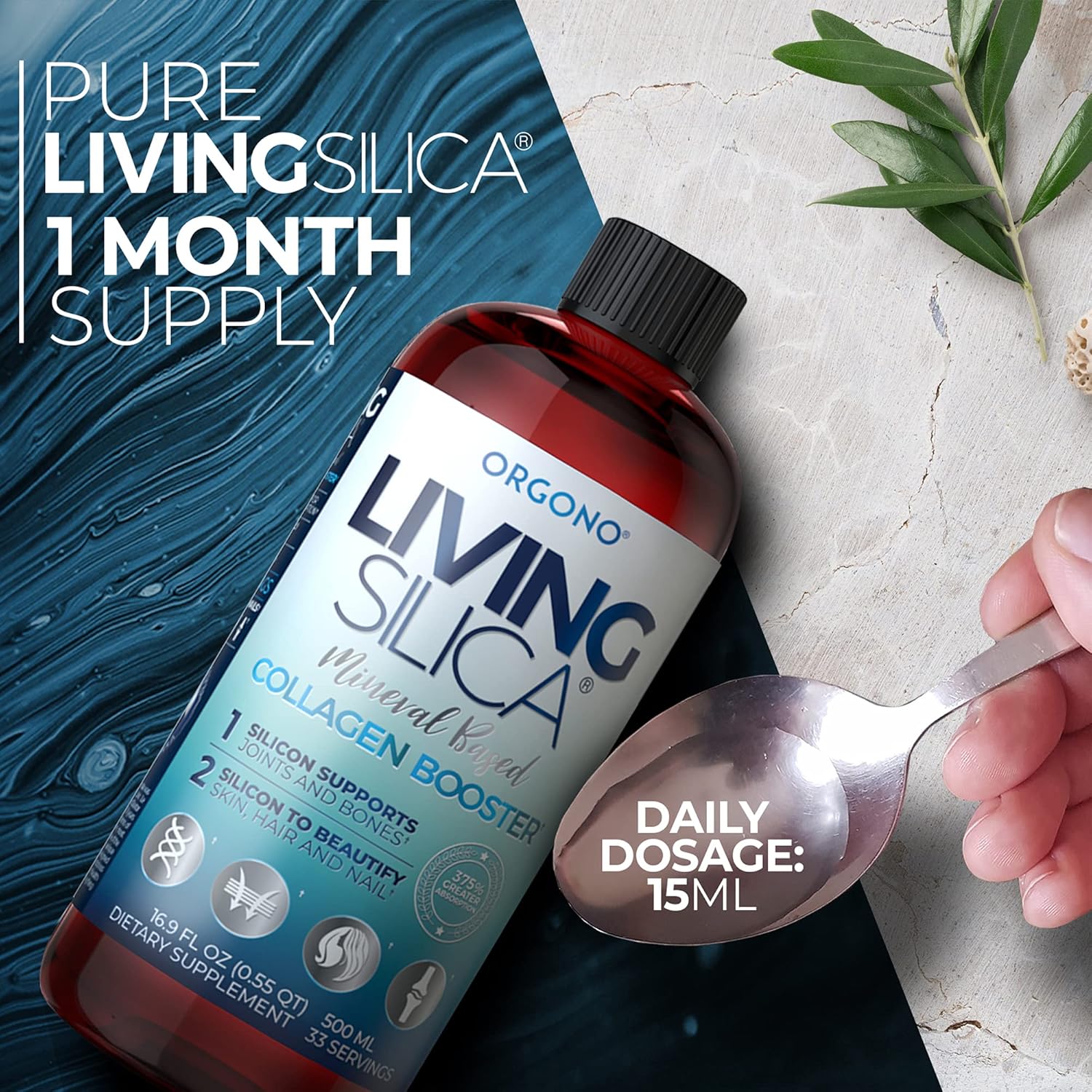 Orgono Living Silica Collagen Booster Liquid - Vegan Drink for Healthy Collagen & Elastin Production - Joint, Bone, Skin, Hair & Nail Support - 16.9 oz