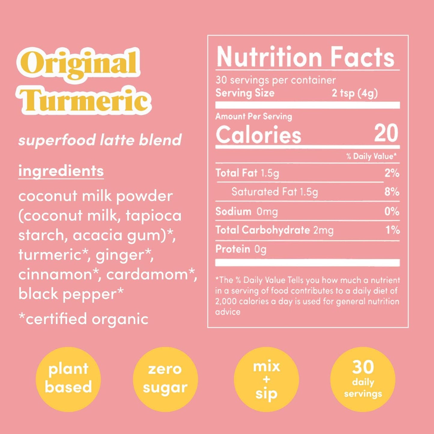 Original Turmeric Superfood Latte Blend with Coconut & Ginger - Supports Skin Glow, Gut Health, Immunity - Vegan, Keto, Sugar-Free - 30 Servings
