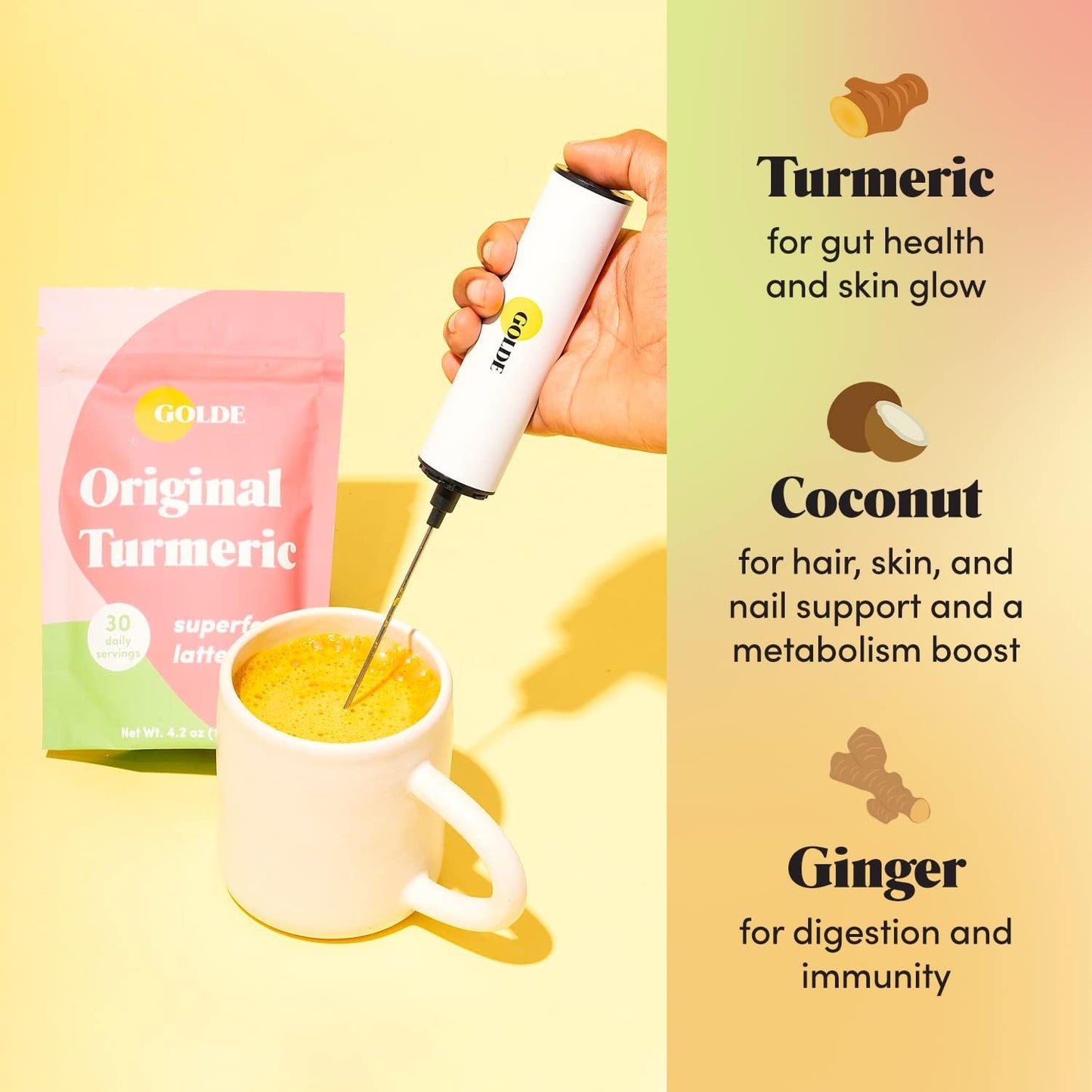 Original Turmeric Superfood Latte Blend with Coconut & Ginger - Supports Skin Glow, Gut Health, Immunity - Vegan, Keto, Sugar-Free - 30 Servings