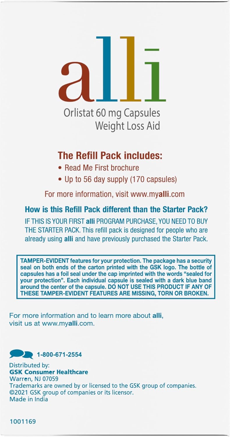 Orlistat 60mg Capsules for Weight Loss, 170 Count - alli Diet Supplement Pills