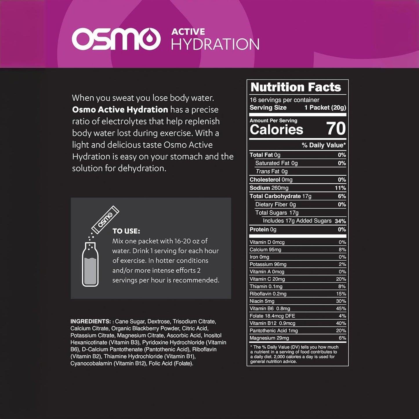 Osmo Active Hydration Electrolyte Powder - Natural Ingredients, 3X Faster Hydration, Boosts Power & Endurance - 16 Packets, BlackBerry Flavor