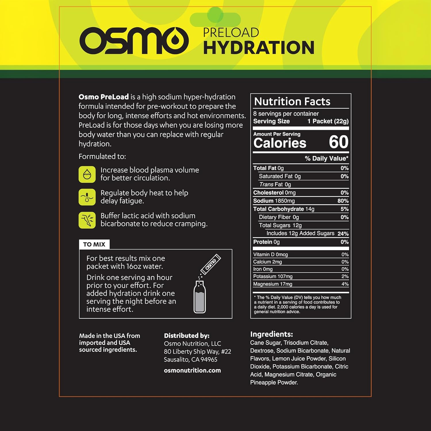 Osmo Preload Hydration Pre Workout Powder with High Sodium Bicarbonate, Magnesium, and Natural Ingredients - Pineapple Margarita Flavor - Beat Cramps and Dehydration