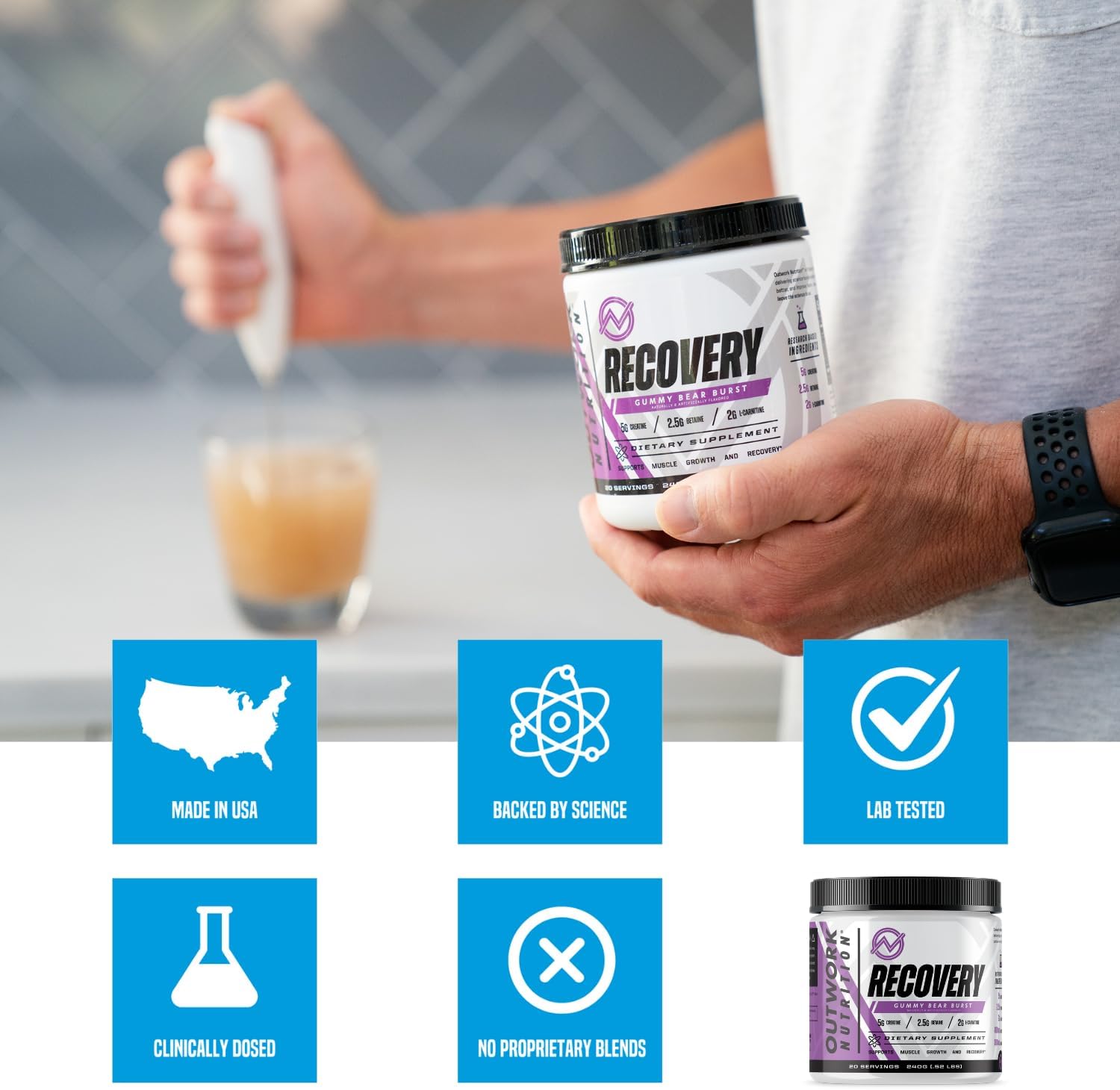 Outwork Nutrition Recovery Drink: Post-Workout Powder with Creatine for Men & Women, Muscle Builder - Gummy Bear Burst, 230g