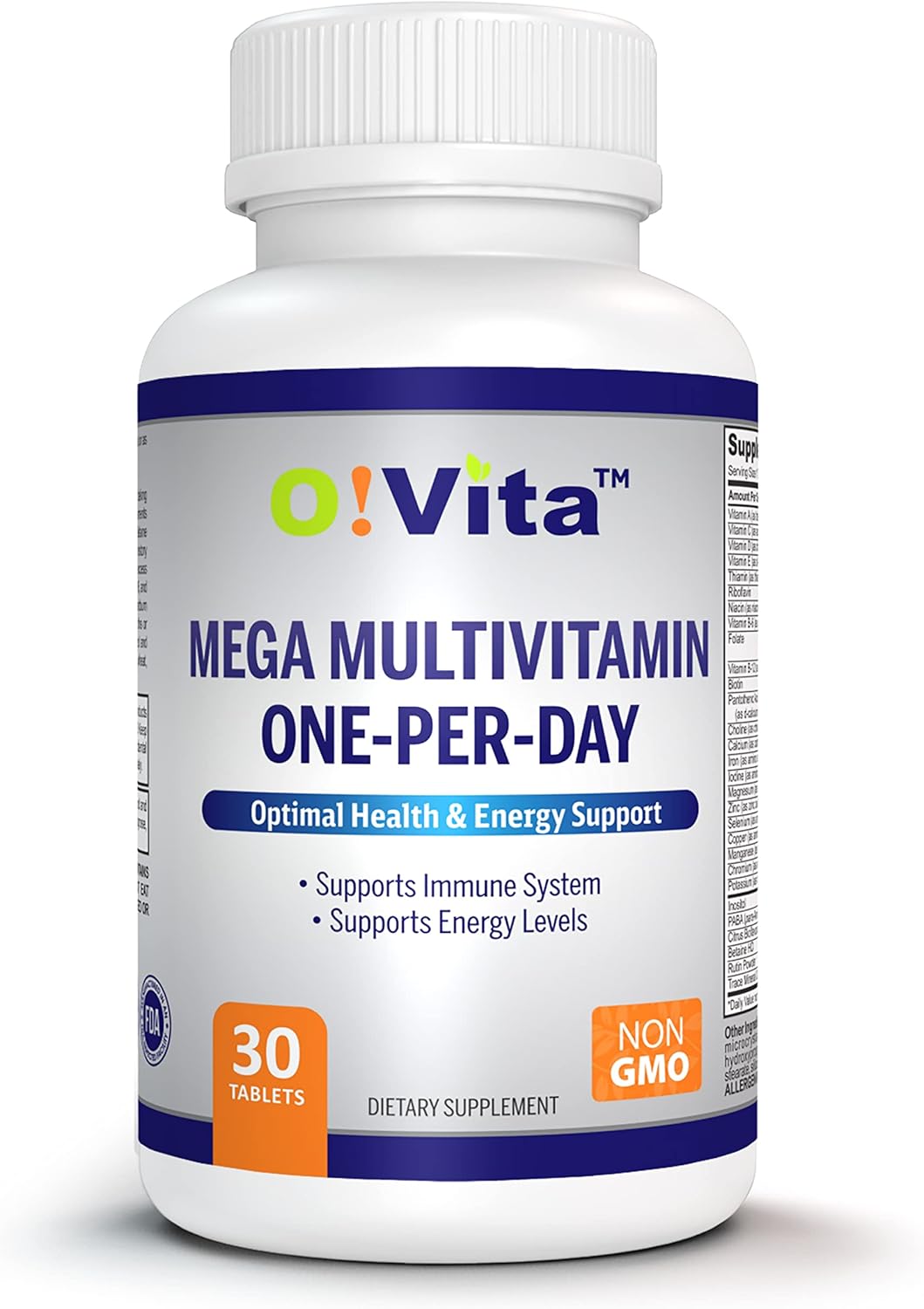 O!VITA Mega Multivitamin: Daily Immune Support with Full Spectrum of Vitamins & Minerals - 30 Non-GMO Tablets