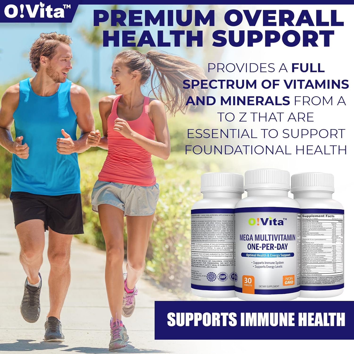 O!VITA Mega Multivitamin: Daily Immune Support with Full Spectrum of Vitamins & Minerals - 30 Non-GMO Tablets