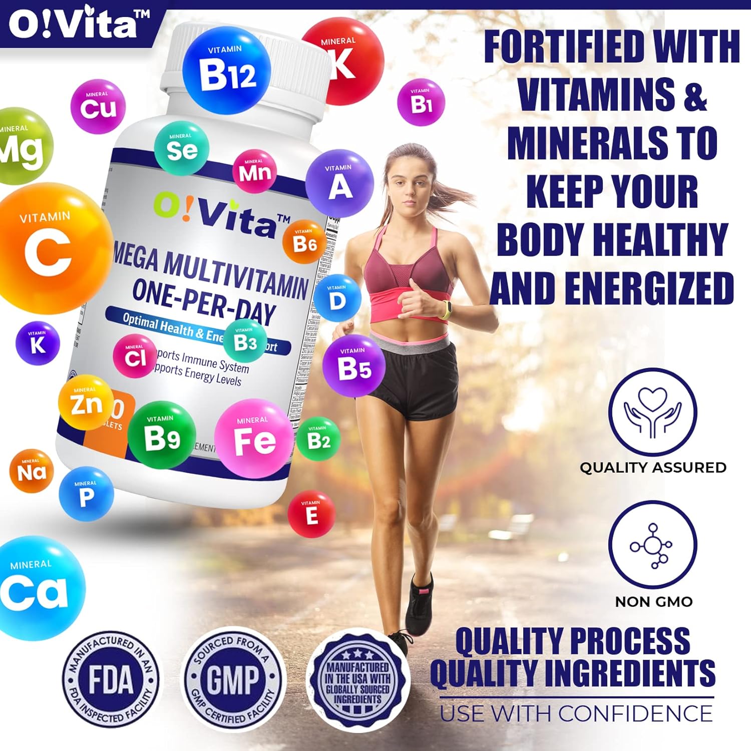 O!VITA Mega Multivitamin: Daily Immune Support with Full Spectrum of Vitamins & Minerals - 30 Non-GMO Tablets