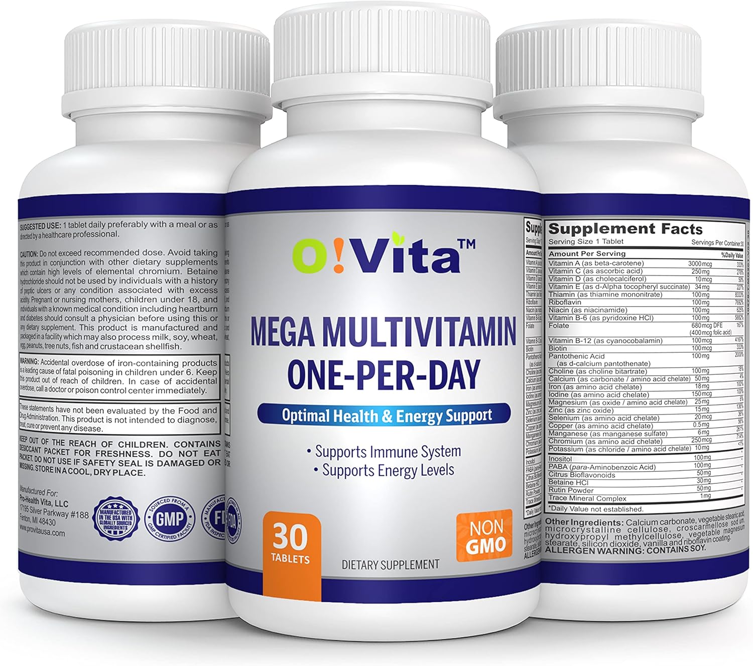 O!VITA Mega Multivitamin: Daily Immune Support with Full Spectrum of Vitamins & Minerals - 30 Non-GMO Tablets