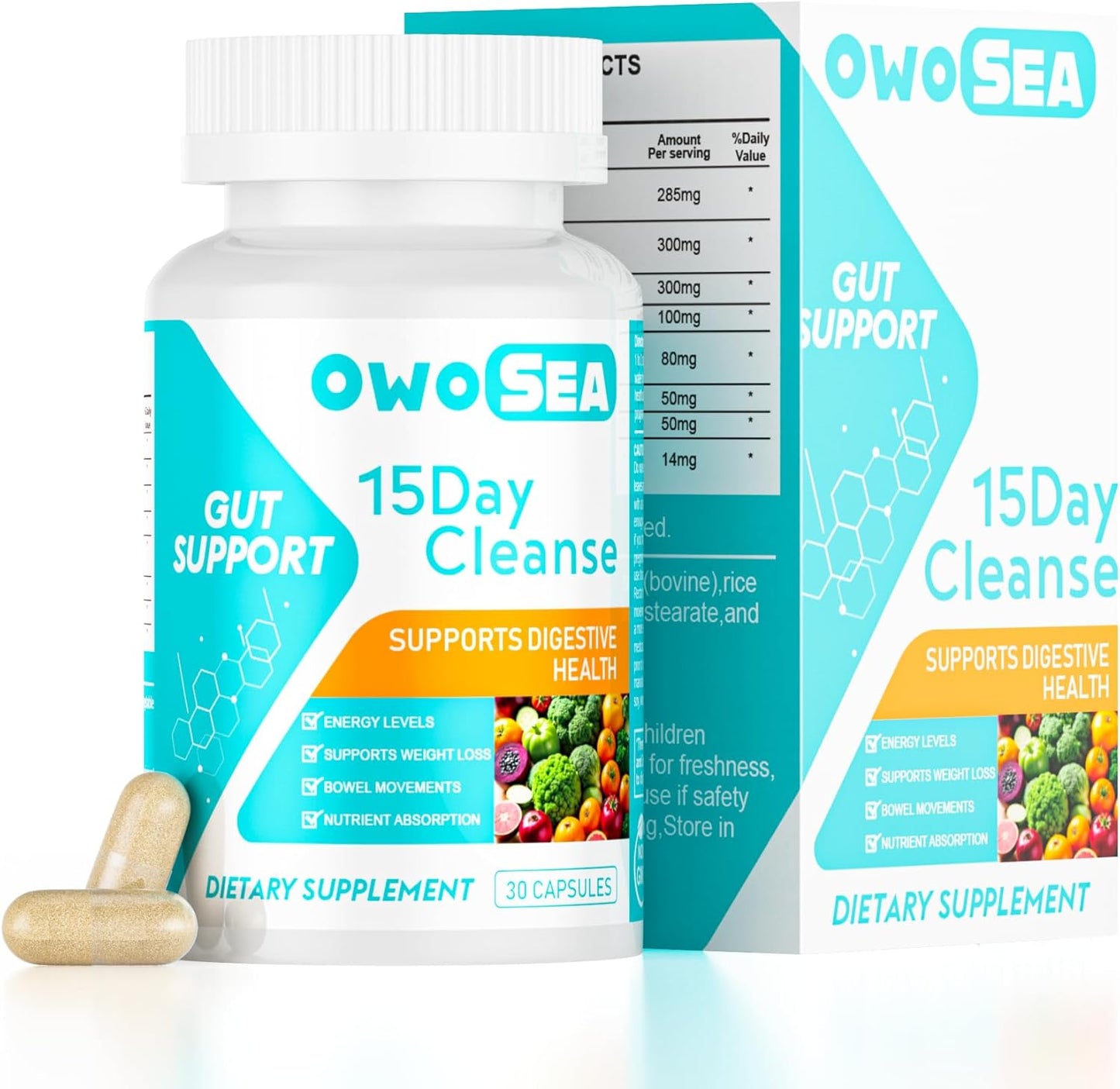 OWOSEA 15 Day Cleanse Gut & Colon Support Supplement for Women & Men - Detox, Digestive Health, Bloating & Constipation Relief, Energy Boost - 30 Capsules