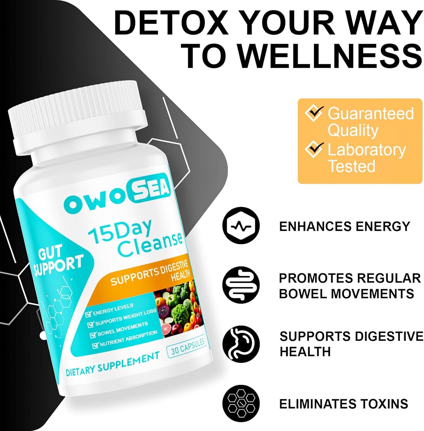 OWOSEA 15 Day Cleanse Gut & Colon Support Supplement for Women & Men - Detox, Digestive Health, Bloating & Constipation Relief, Energy Boost - 30 Capsules