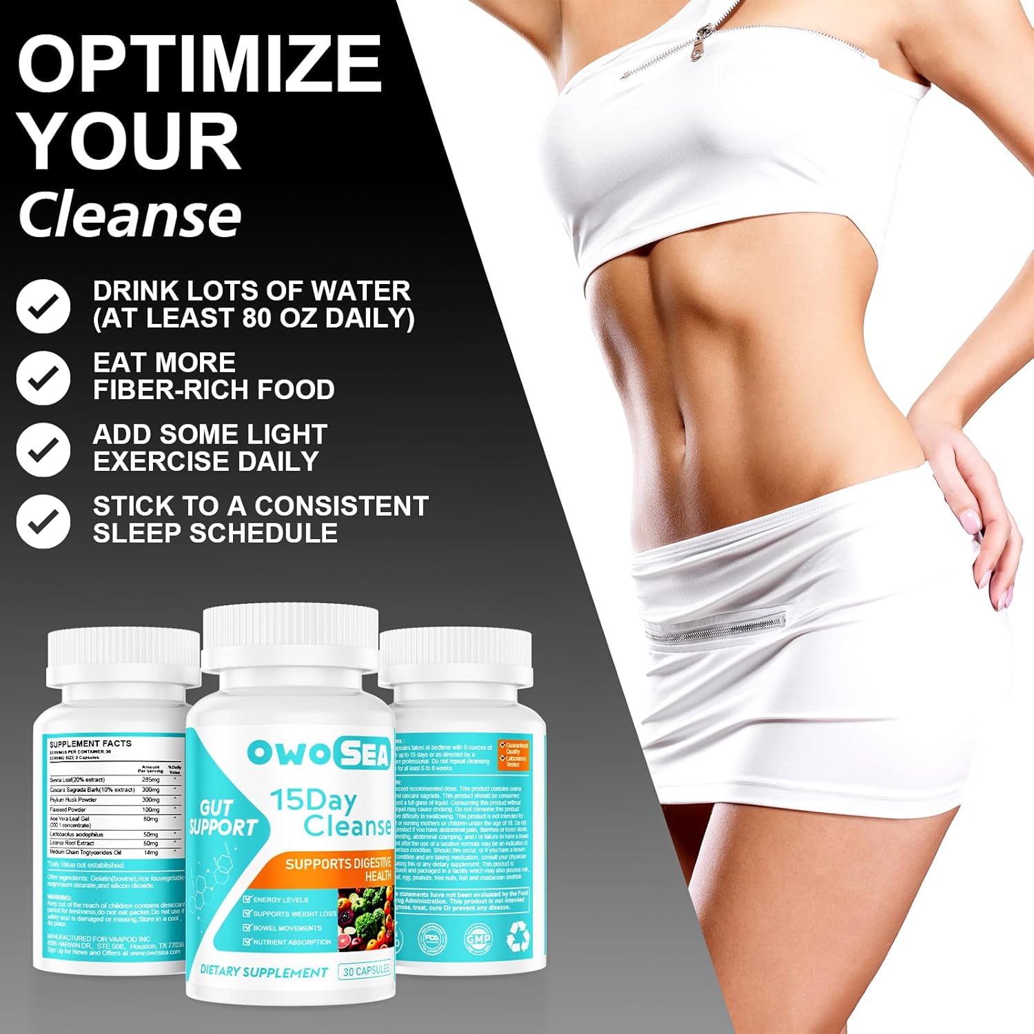 OWOSEA 15 Day Cleanse Gut & Colon Support Supplement for Women & Men - Detox, Digestive Health, Bloating & Constipation Relief, Energy Boost - 30 Capsules