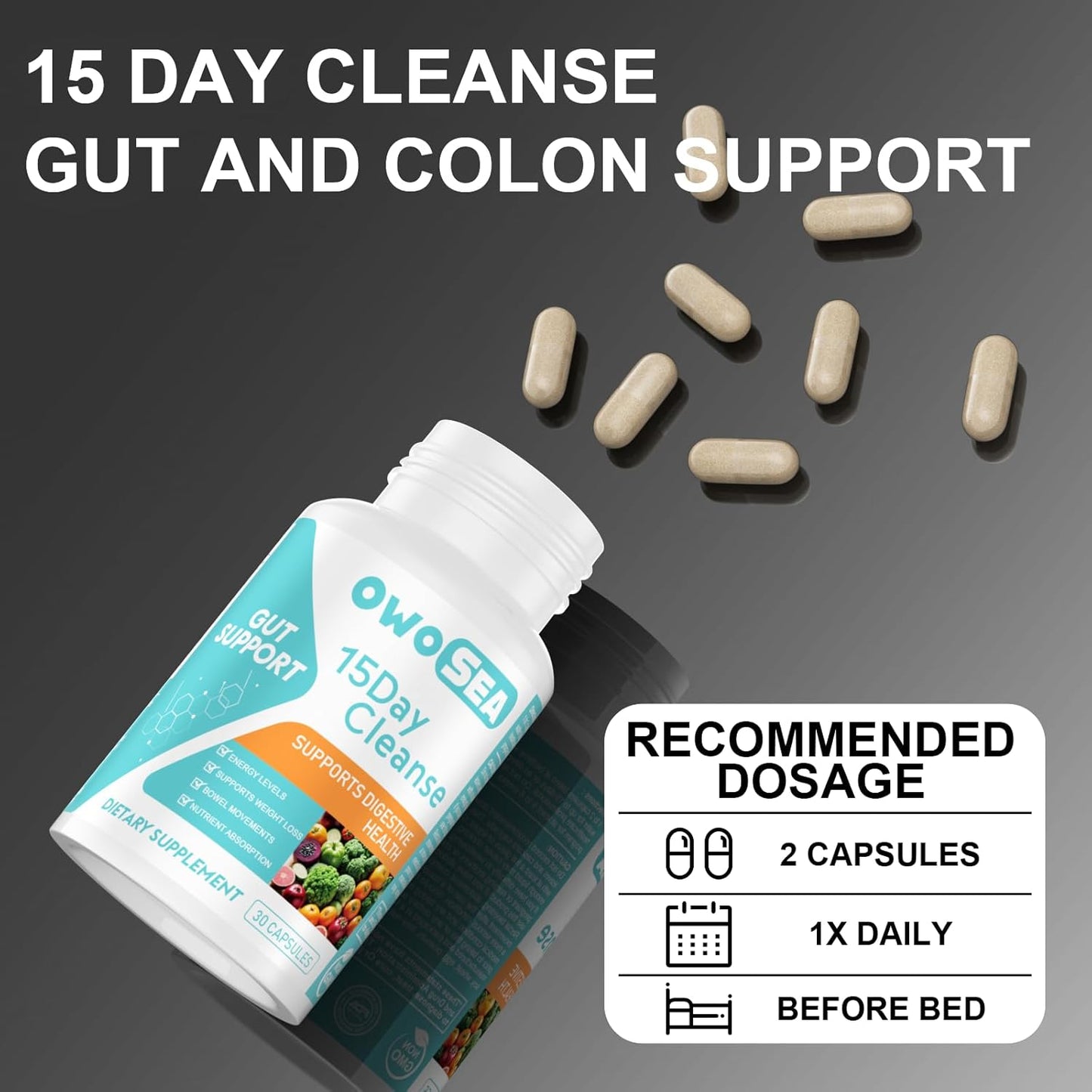 OWOSEA 15 Day Cleanse Gut & Colon Support Supplement for Women & Men - Detox, Digestive Health, Bloating & Constipation Relief, Energy Boost - 30 Capsules