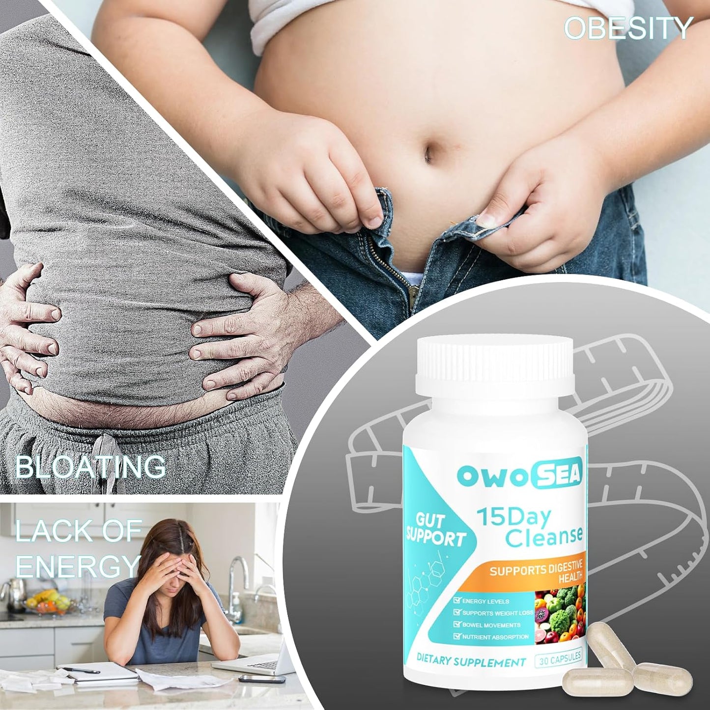 OWOSEA 15 Day Cleanse Gut & Colon Support Supplement for Women & Men - Detox, Digestive Health, Bloating & Constipation Relief, Energy Boost - 30 Capsules