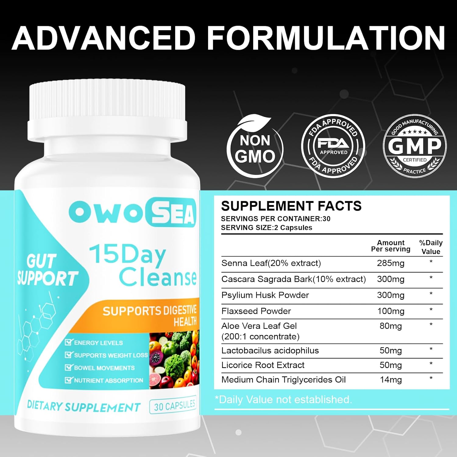 OWOSEA 15 Day Cleanse Gut & Colon Support Supplement for Women & Men - Detox, Digestive Health, Bloating & Constipation Relief, Energy Boost - 30 Capsules
