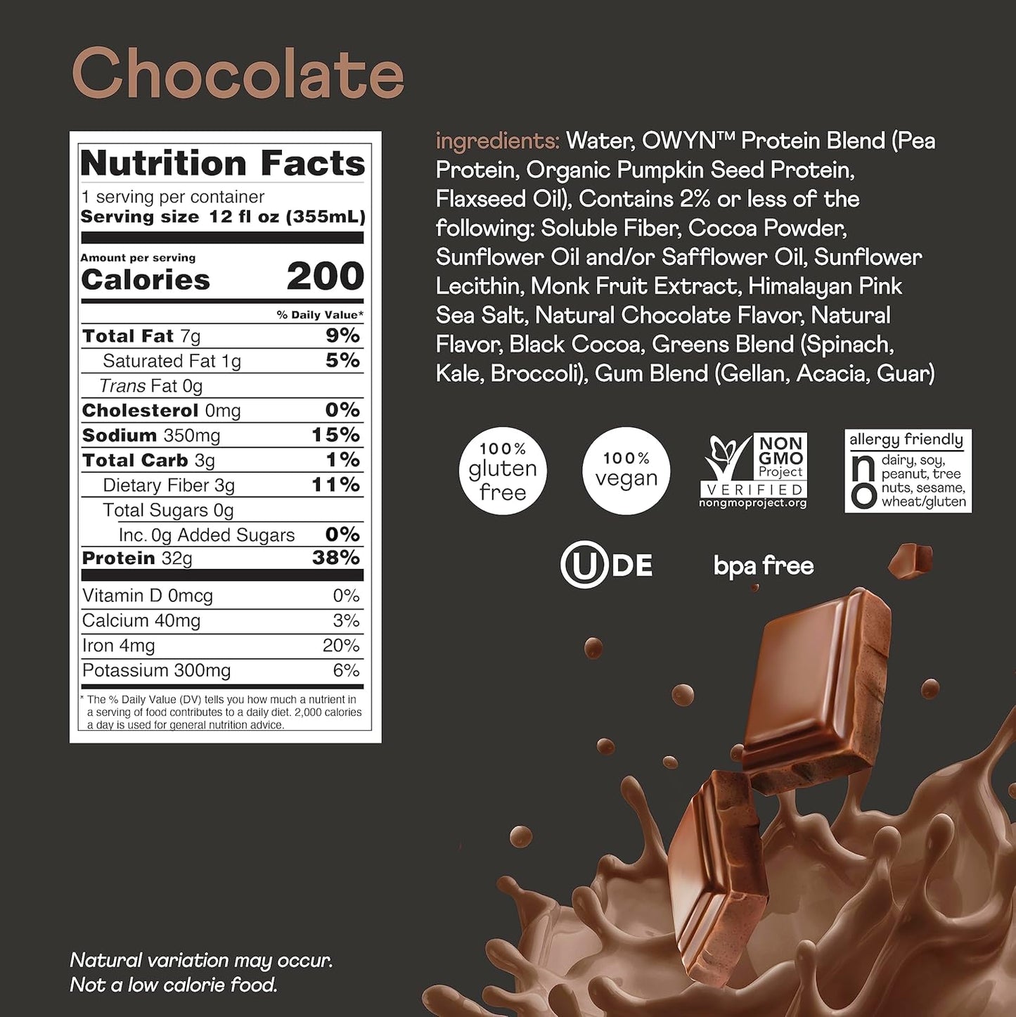 OWYN Chocolate Pro Elite Plant Protein Shake - 12 Fluid Ounces