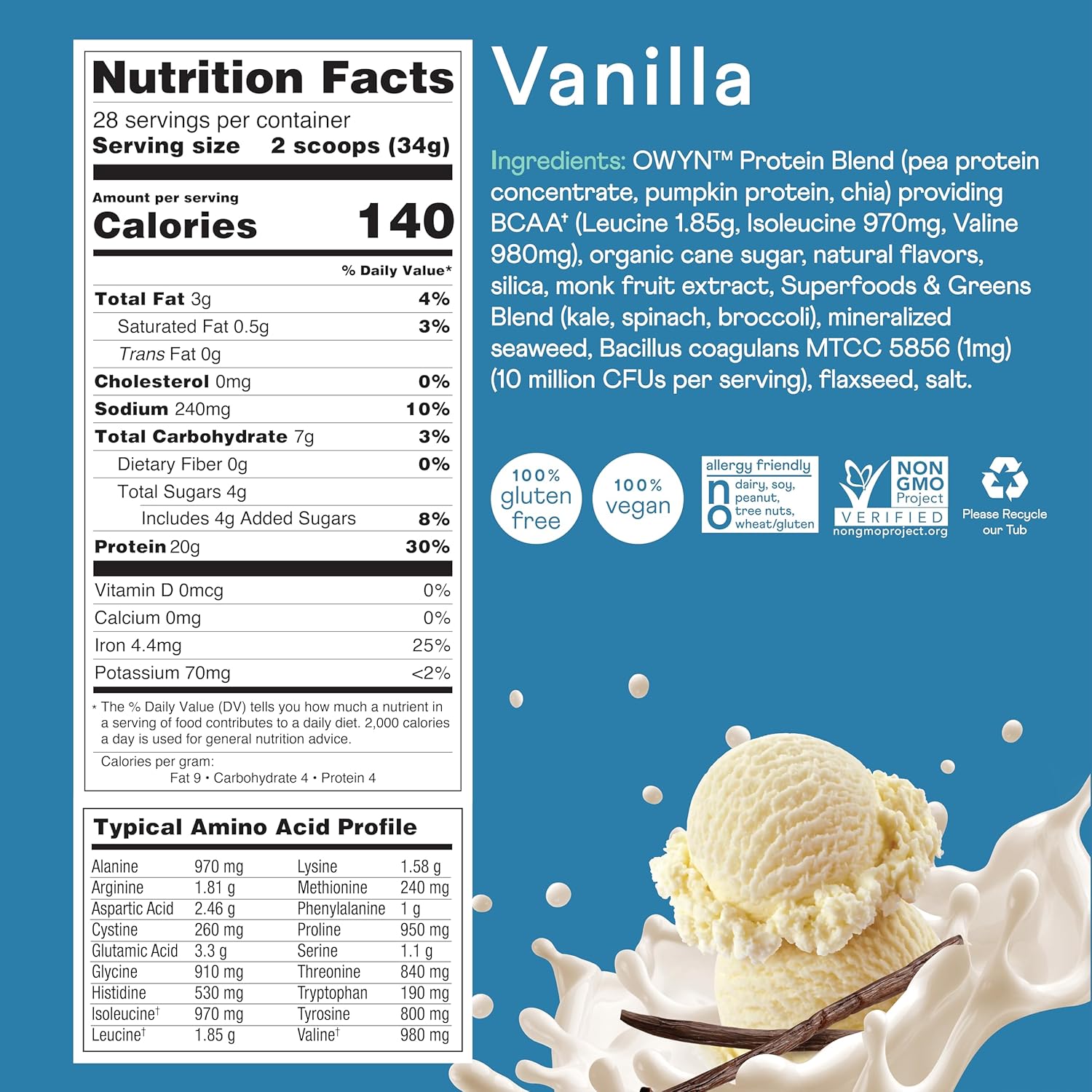 OWYN Dairy Free Protein Powder with 20g Protein, Probiotics, Superfoods Greens, Vanilla Flavor - 2.1 Pound Pack